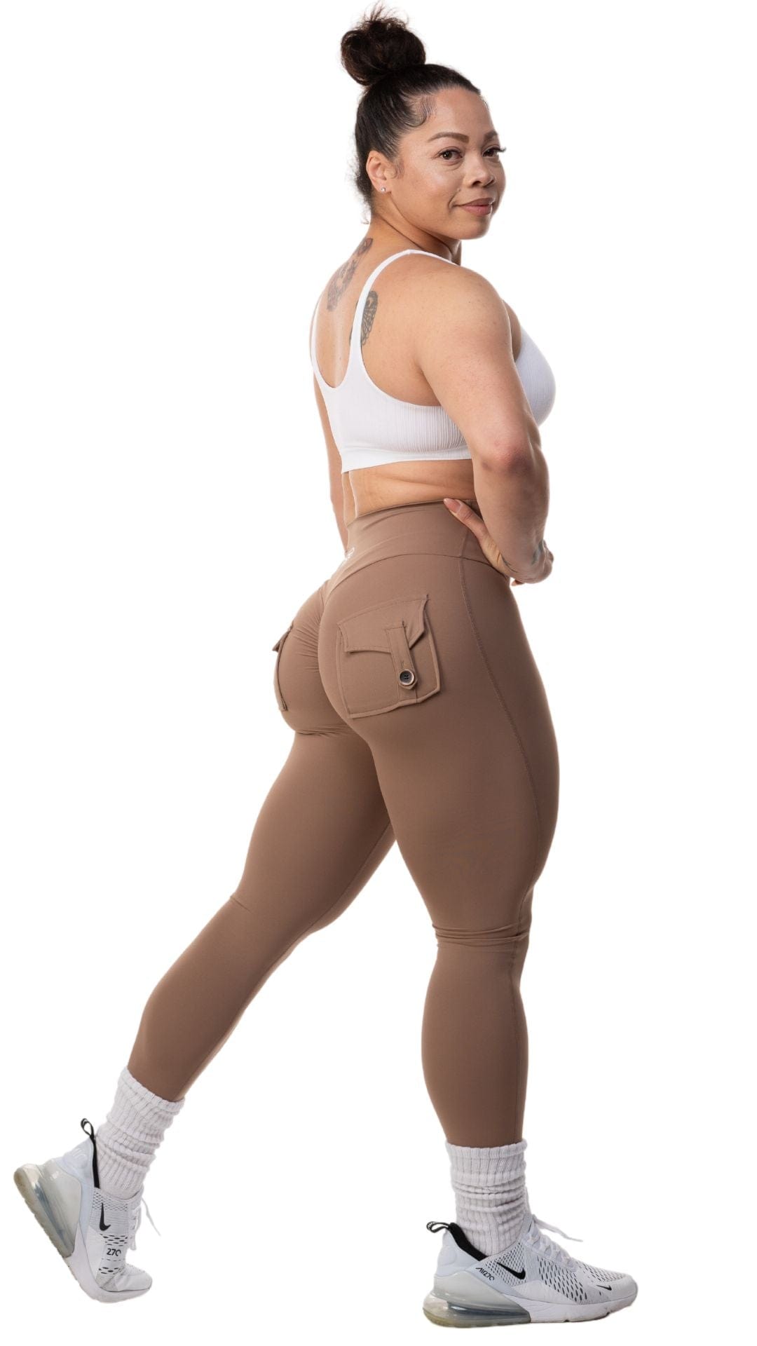 FITT FASHION WEAR LLC LEGGINGS SMALL Pocket Scrunch Shorts Beige